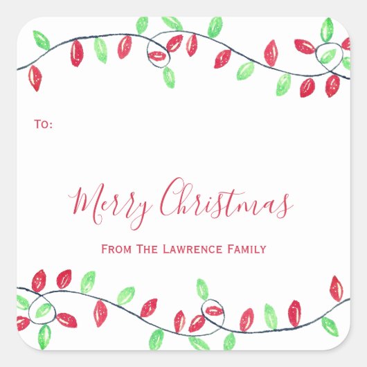 レッドグリーンストリングライツクリスマスホリデーギフトラベル スクエアシール (正面)