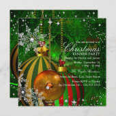 レッドグリーンスノーフレーククリスマスディナーパーティー 招待状 (正面/裏面)