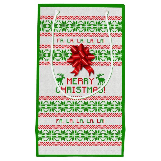 レッドグリーンスノーフレークボウ醜いクリスマスセーター スモールペーパーバッグ (正面)