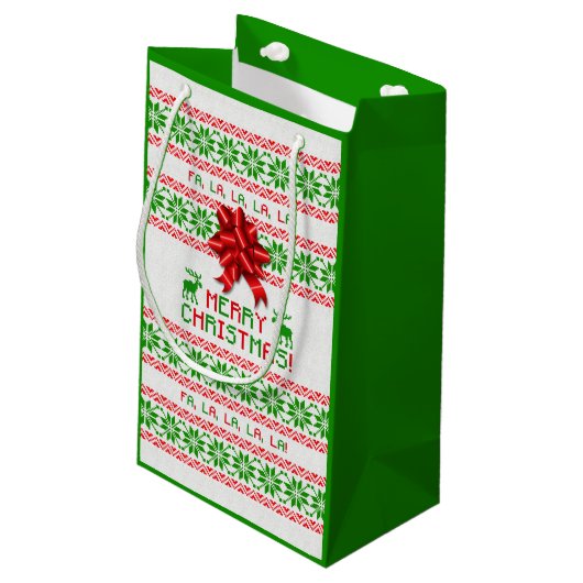 レッドグリーンスノーフレークボウ醜いクリスマスセーター スモールペーパーバッグ (裏面アングル)