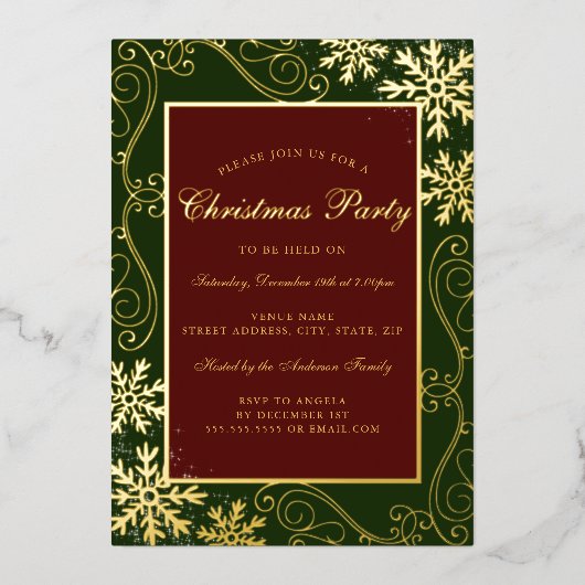 レッドグリーンスワール雪片フレームクリスマスパーティー 箔招待状 (正面)