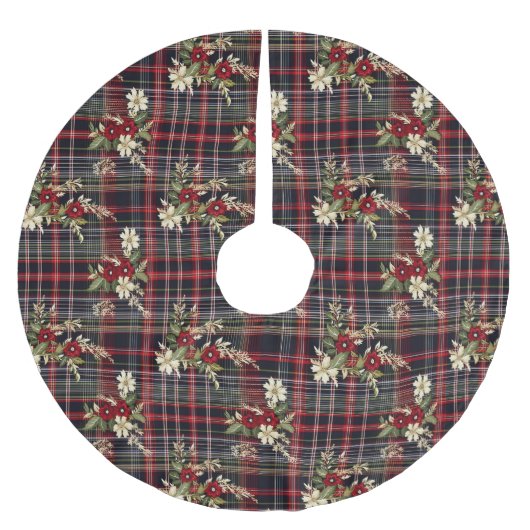 レッドグリーンタータンチェックフローラフェスティバルクリスマス ブラッシュドポリエステルツリースカート (正面)