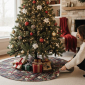 レッドグリーンタータンチェックフローラフェスティバルクリスマス ブラッシュドポリエステルツリースカート