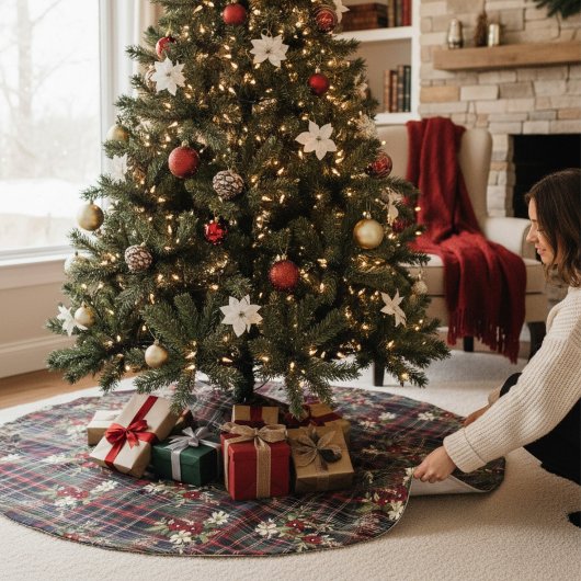 レッドグリーンタータンチェックフローラフェスティバルクリスマス ブラッシュドポリエステルツリースカート