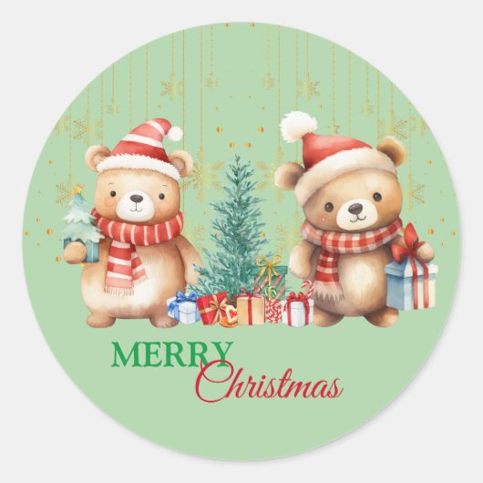 レッドグリーンテディベアサンタメリークリスマスパーティー ラウンドシール (正面)