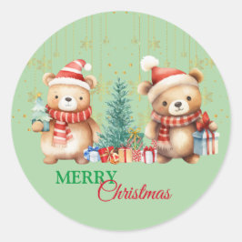 レッドグリーンテディベアサンタメリークリスマスパーティー ラウンドシール