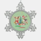 レッドグリーントナディアサンタメリークリスマスパーティー スノーフレークピューターオーナメント (正面)