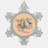 レッドグリーントナディアサンタメリークリスマスパーティー スノーフレークピューターオーナメント (正面)