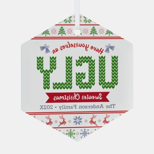 レッドグリーンニット醜いセータークリスマスタッキー北欧 ガラスオーナメント (裏面)