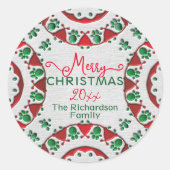 レッドグリーンノルディックフォークモティフオンリネンクリスマス ラウンドシール (正面)
