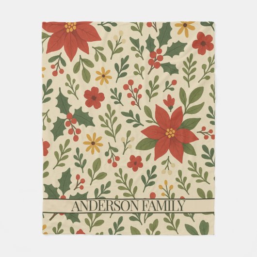 レッドグリーンパインとベリーウォーターカラーホリデー フリースブランケット (正面)