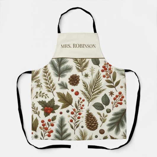 レッドグリーンパインとベリーホリデイボホウォーター色 エプロン (正面)