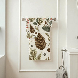 レッドグリーンパインアンドベリーホリディボタニカル素朴 バスタオルセット