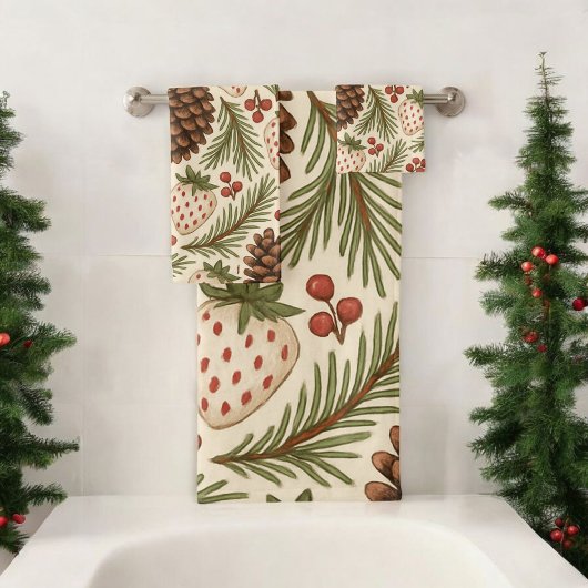 レッドグリーンパイン&ベリーホリデー素朴ウォーター色 バスタオルセット