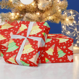 レッドグリーンピンクイエローホリデークリスマスツリー ラッピングペーパー