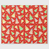レッドグリーンピンクイエローホリデークリスマスツリー ラッピングペーパー (フラット)