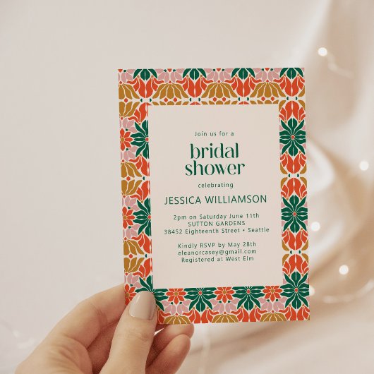 レッドグリーンピンククリスマスボタニカルブライダルシャワー 招待状