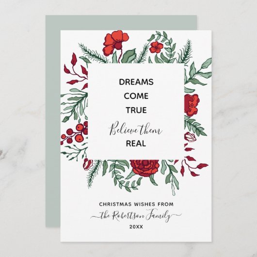 レッドグリーンフローラやる気を起こさせる引用文クリスマスカード (正面/裏面)