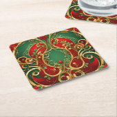 レッドグリーンフローラクリスマスホリデー紙コースター スクエアペーパーコースター (アングル)