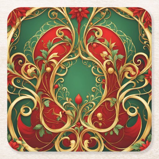 レッドグリーンフローラクリスマスホリデー紙コースター スクエアペーパーコースター (正面)