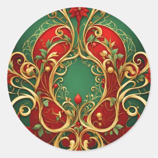 レッドグリーンフローラクリスマスホリデー ラウンドシール (正面)