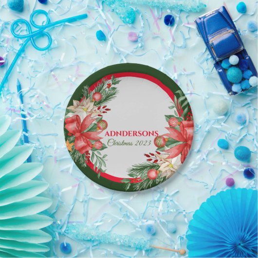 レッドグリーンフローラメリークリスマスパーティー ペーパープレート (パーティー)