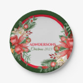 レッドグリーンフローラメリークリスマスパーティー ペーパープレート (正面)