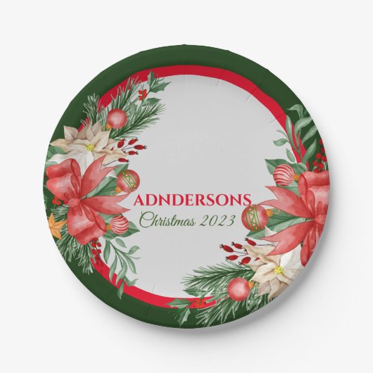 レッドグリーンフローラメリークリスマスパーティー ペーパープレート (正面)