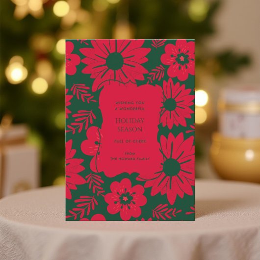 レッドグリーンフローラヴィンテージウォーターカラーホリデーカード