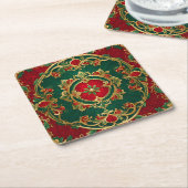 レッドグリーンフローラ装飾ホリデー紙コースター スクエアペーパーコースター (アングル)