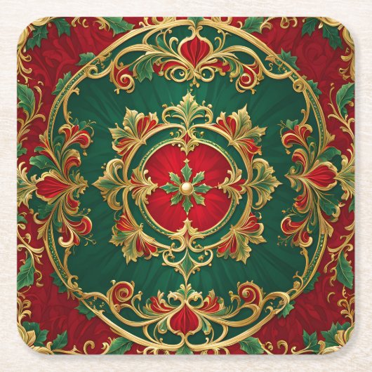 レッドグリーンフローラ装飾ホリデー紙コースター スクエアペーパーコースター (正面)