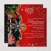レッドグリーンブラックスノーフレーククリスマスディナーパーティー2 招待状 (正面/裏面)