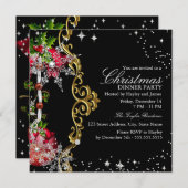 レッドグリーンブラックスノーフレーククリスマスディナーパーティー 招待状 (正面/裏面)