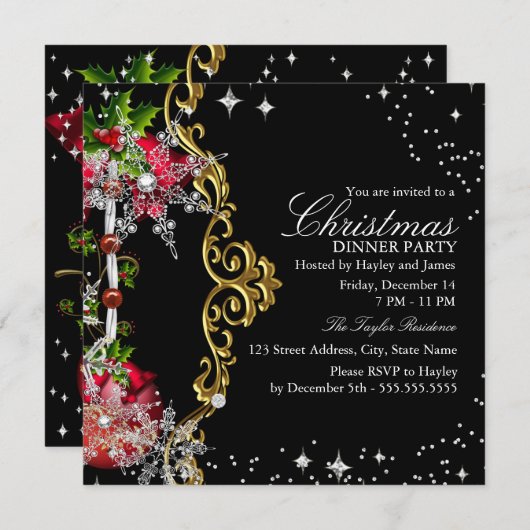 レッドグリーンブラックスノーフレーククリスマスディナーパーティー 招待状 (正面/裏面)
