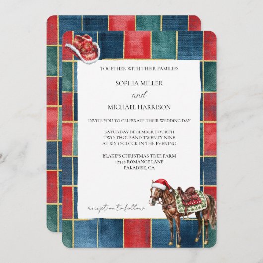 レッドグリーンブルークリスマスカウボーイホース結婚ズ 招待状 (正面/裏面)