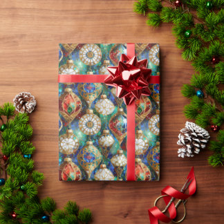 レッドグリーンブルーホワイト金ゴールドクリスマスオーナメント ラッピングペーパー