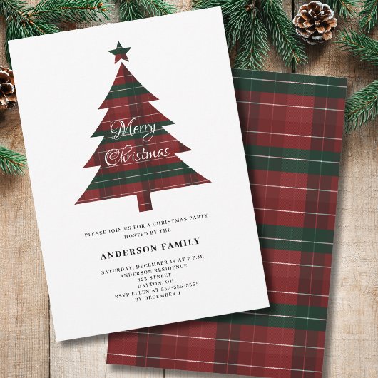 レッドグリーンプレイドクリスマスツリーパーティー 招待状