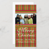 レッドグリーンプレイドスノーフレークホリデーファミリー写真 シーズンカード (正面/裏面)
