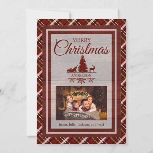 レッドグリーンプレイドタータンチェック2フォトモノグラムクリスマス シーズンカード (正面)