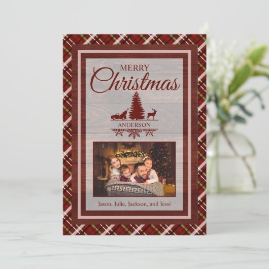 レッドグリーンプレイドタータンチェック2フォトモノグラムクリスマス シーズンカード (スタンド正面)