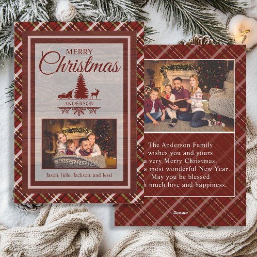 レッドグリーンプレイドタータンチェック2フォトモノグラムクリスマス シーズンカード