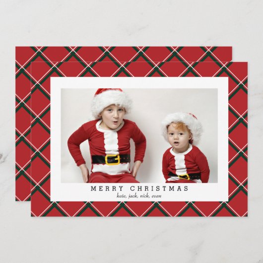 レッドグリーンプレイドフォトカードクリスマス休暇 シーズンカード (正面/裏面)