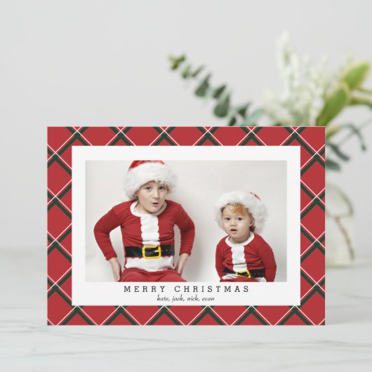 レッドグリーンプレイドフォトカードクリスマス休暇 シーズンカード (スタンド正面)