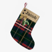 レッドグリーンプレイド金ゴールドボウ&グリーンリー名前をカスタムする スモールクリスマスストッキング (正面 (吊り時))