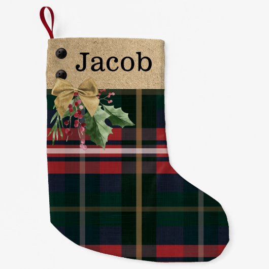 レッドグリーンプレイド金ゴールドボウ&グリーンリー名前をカスタムする スモールクリスマスストッキング (正面)
