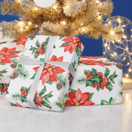 レッドグリーンベリーズポインセチアフローラクリスマス ラッピングペーパー