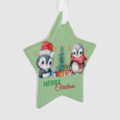 レッドグリーンペンギンサンタメリークリスマスパーティー オーナメント (正面)
