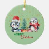 レッドグリーンペンギンサンタメリークリスマスパーティー セラミックオーナメント (正面)