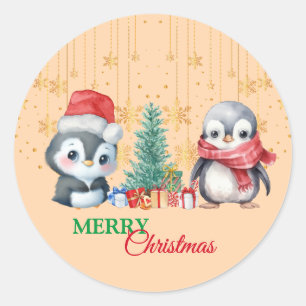 レッドグリーンペンギンサンタメリークリスマスパーティー ラウンドシール