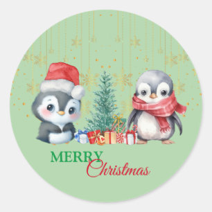 レッドグリーンペンギンサンタメリークリスマスパーティー ラウンドシール